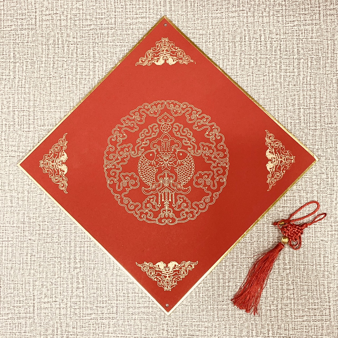 《正方 描金紅宣畫仙版》 附中國結  33x33cm  / 福卡