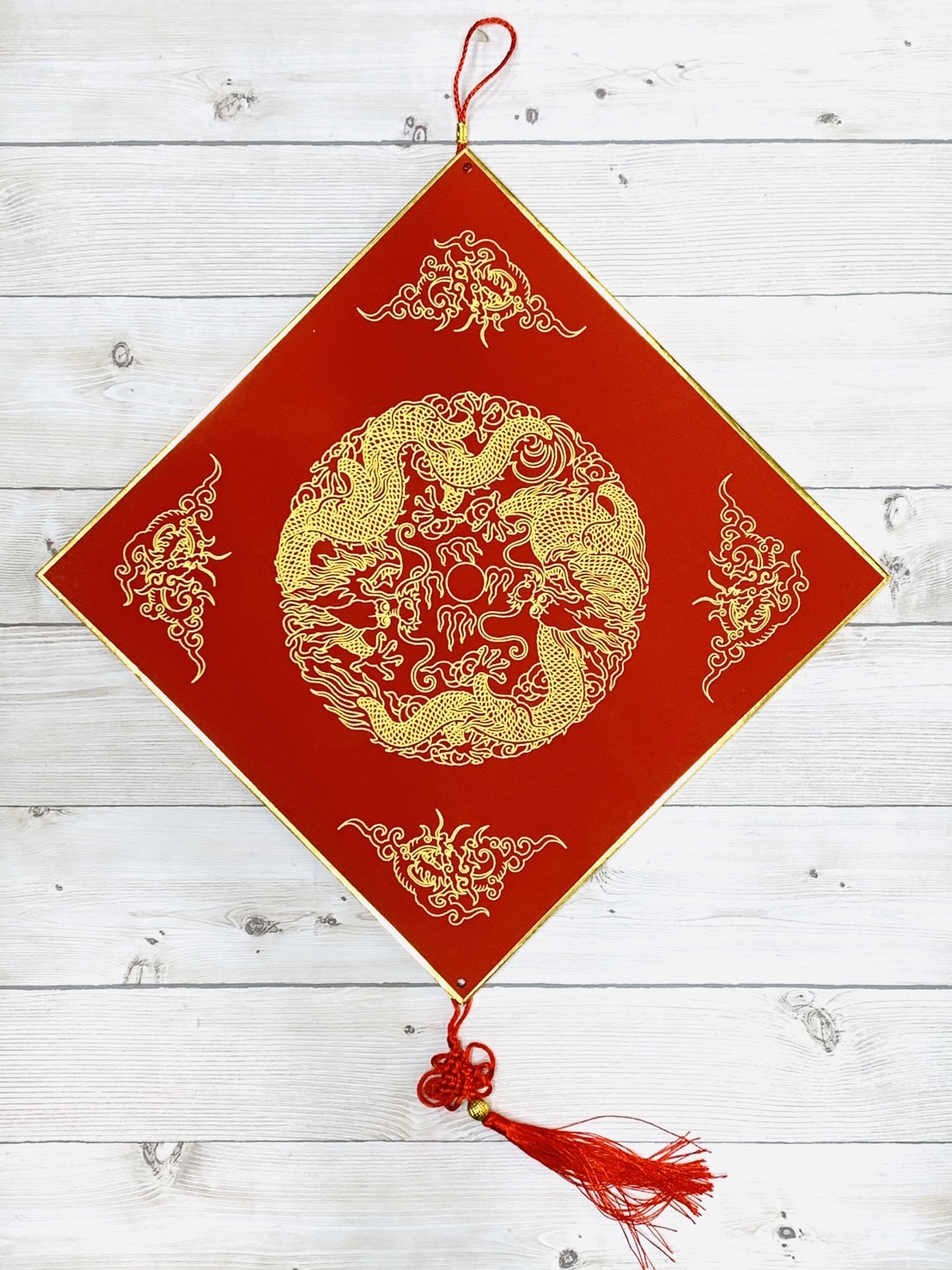 《正方 描金紅宣畫仙版》 附中國結  33x33cm  / 福卡