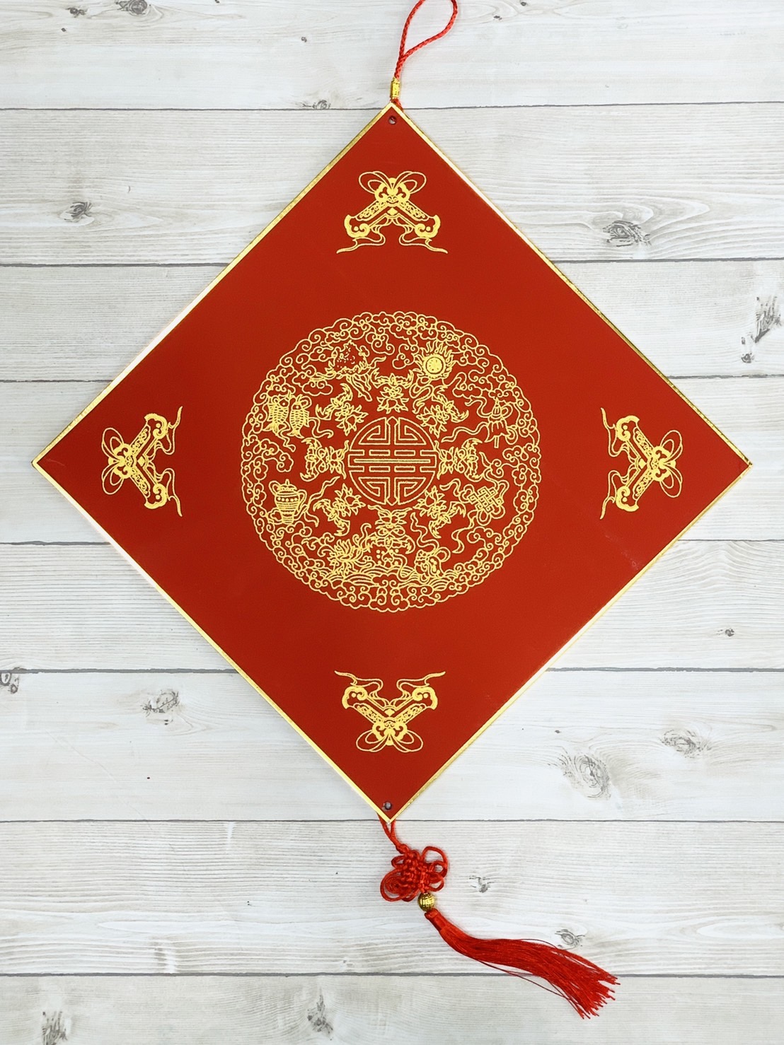 《正方 描金紅宣畫仙版》 附中國結  33x33cm  / 福卡