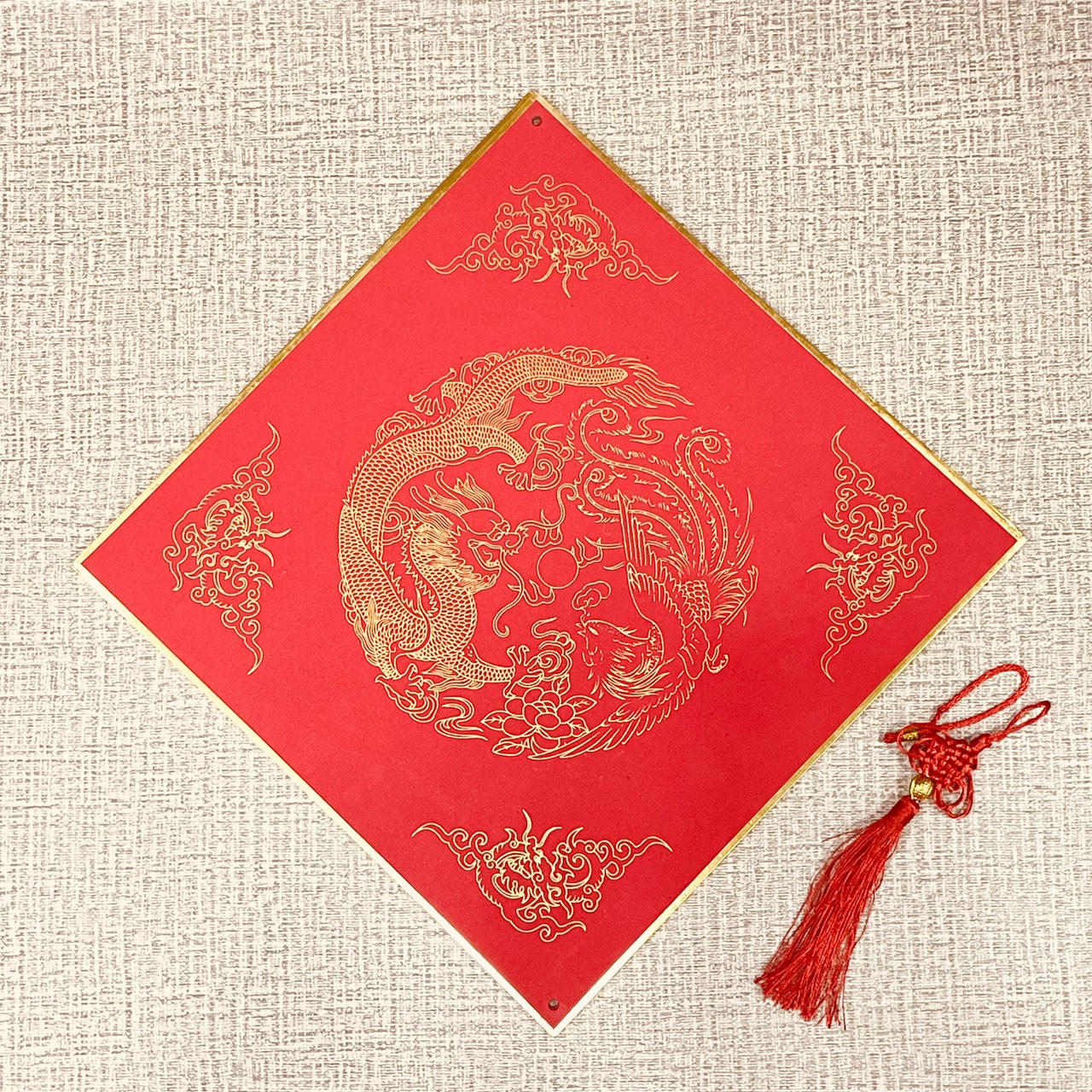 《正方 描金紅宣畫仙版》 附中國結  33x33cm  / 福卡