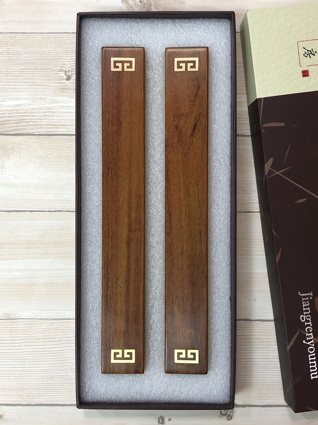 《黑檀木 雙回紋 鑲銅紙鎮》壓紙聖品 鎮尺